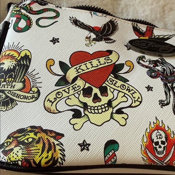 ED HARDY Tattoo Satchel And Shoulder Bag White NWT Love Kills Slowly ☠️🌹🦅🐅 - Picture 2 of 10